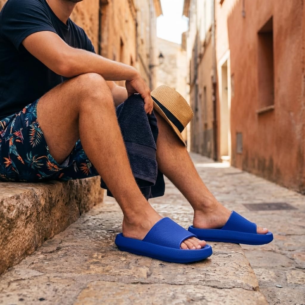 image:imageCUSHIONAIRE Feather EVA Mens Sandals Slip On Recovery Slides Lightweight Water Shoes for MenCobalt Blue