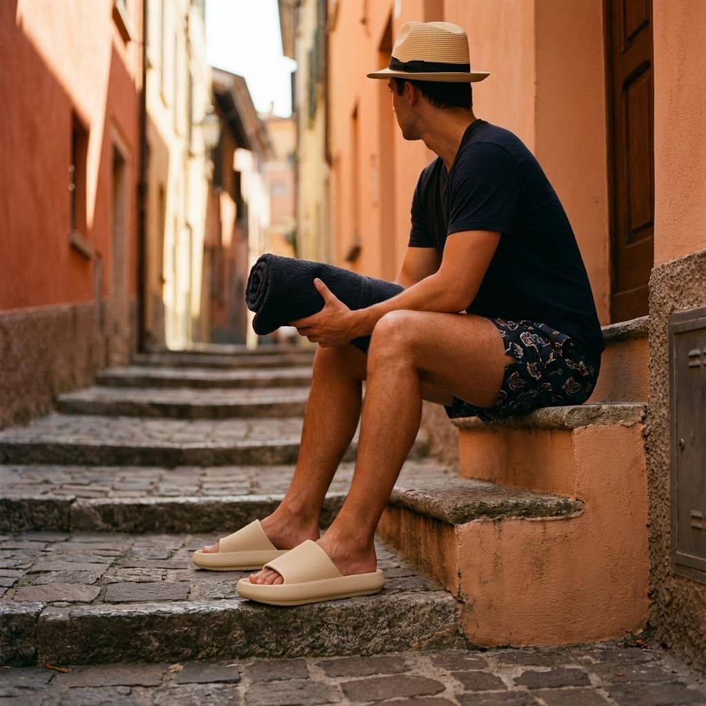 image:imageCUSHIONAIRE Feather EVA Mens Sandals Slip On Recovery Slides Lightweight Water Shoes for MenKhaki