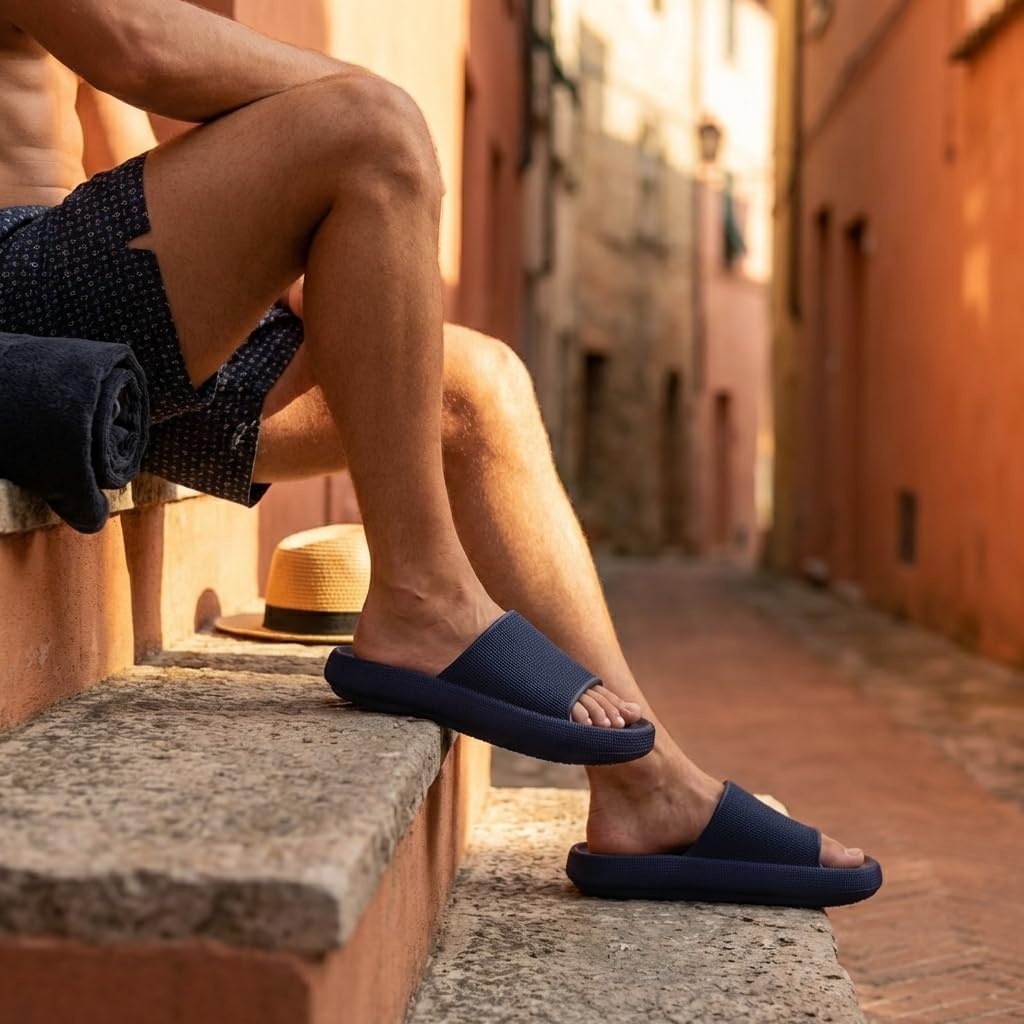 image:imageCUSHIONAIRE Feather EVA Mens Sandals Slip On Recovery Slides Lightweight Water Shoes for MenNavy