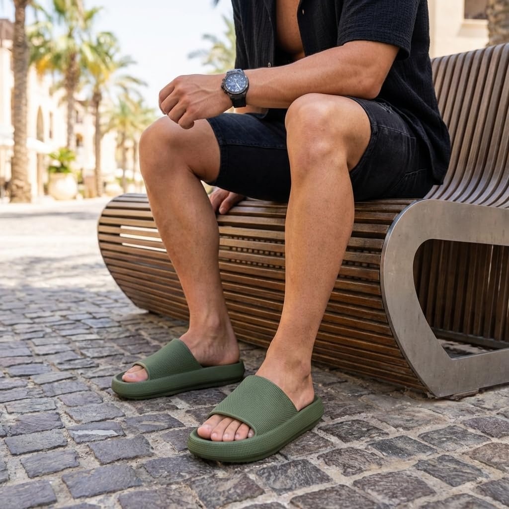 image:imageCUSHIONAIRE Feather EVA Mens Sandals Slip On Recovery Slides Lightweight Water Shoes for MenOlive