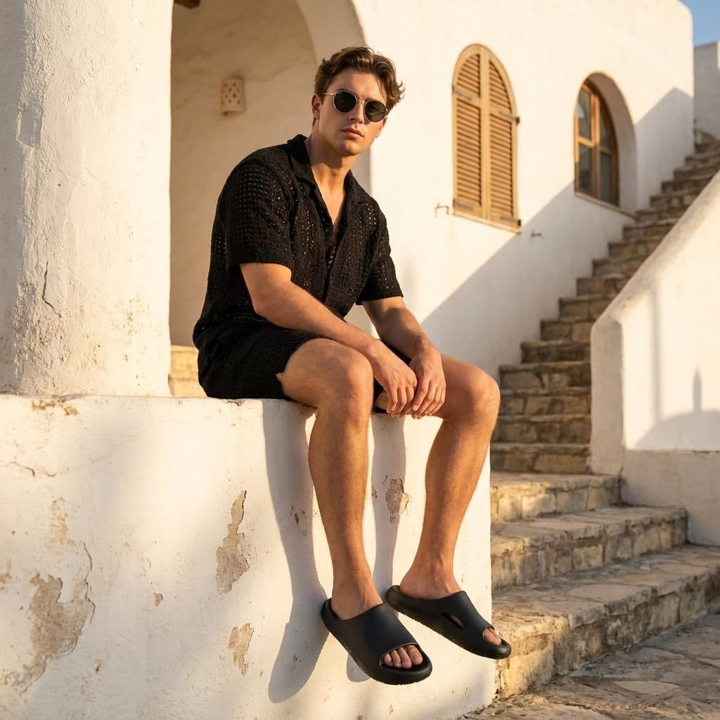 image:imageCUSHIONAIRE Galaxy Cloud Slides for Men Soft Waterproof Recovery Sandals with Molded Footbed and Non Slip OutsoleBlack