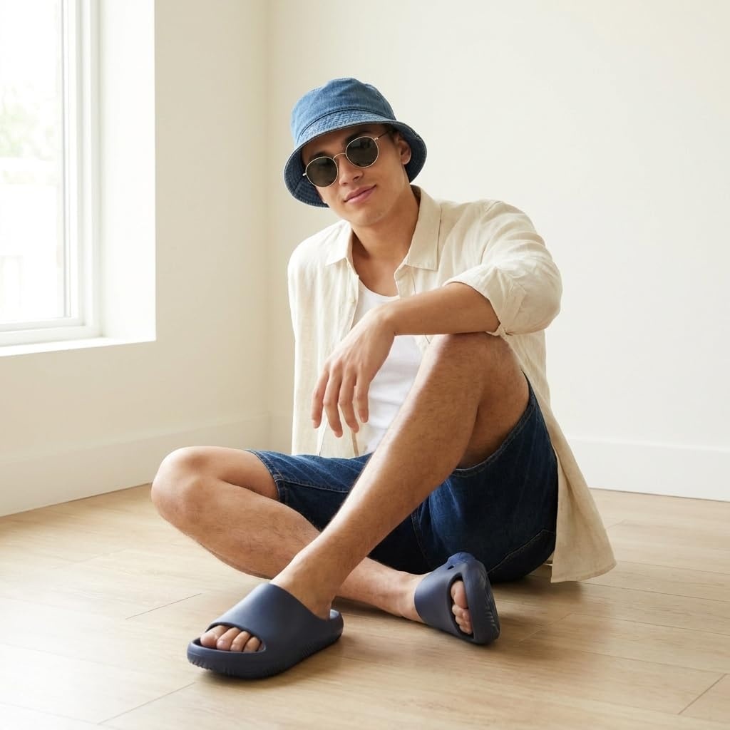 image:imageCUSHIONAIRE Galaxy Cloud Slides for Men Soft Waterproof Recovery Sandals with Molded Footbed and Non Slip OutsoleNavy