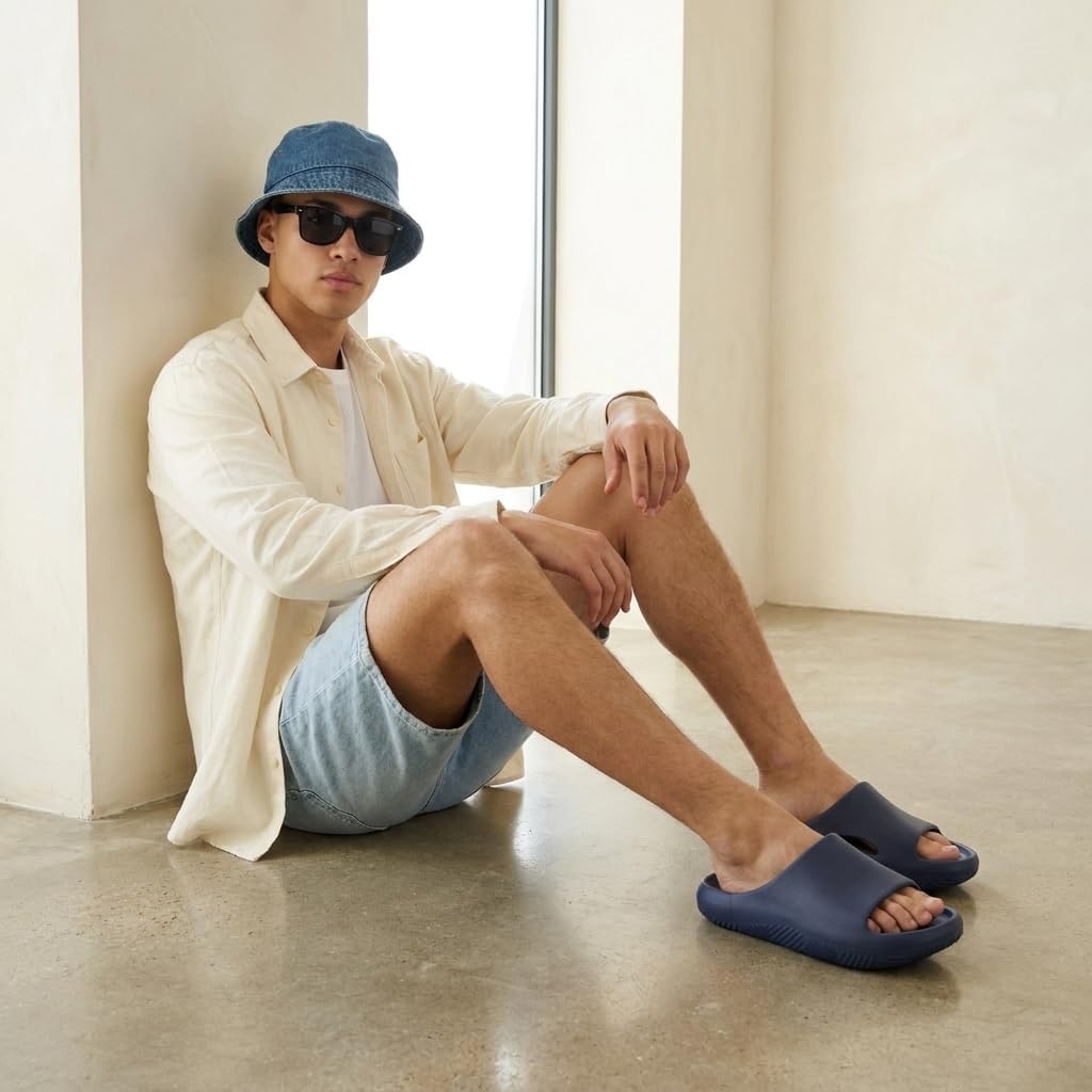 image:imageCUSHIONAIRE Galaxy Cloud Slides for Men Soft Waterproof Recovery Sandals with Molded Footbed and Non Slip OutsoleNavy