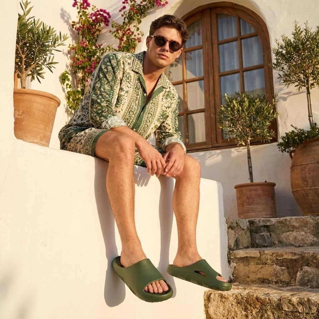 image:imageCUSHIONAIRE Galaxy Cloud Slides for Men Soft Waterproof Recovery Sandals with Molded Footbed and Non Slip OutsoleOlive