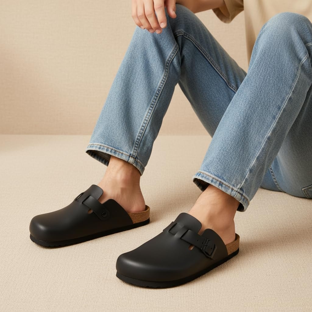 image:imageCUSHIONAIRE Haze Mens Clogs Comfortable SlipOn Clogs for Men with Arch Support and Cork Suede Footbed Perfect Potato Shoes for Indoor amp Outdoor UseBlack Nappa