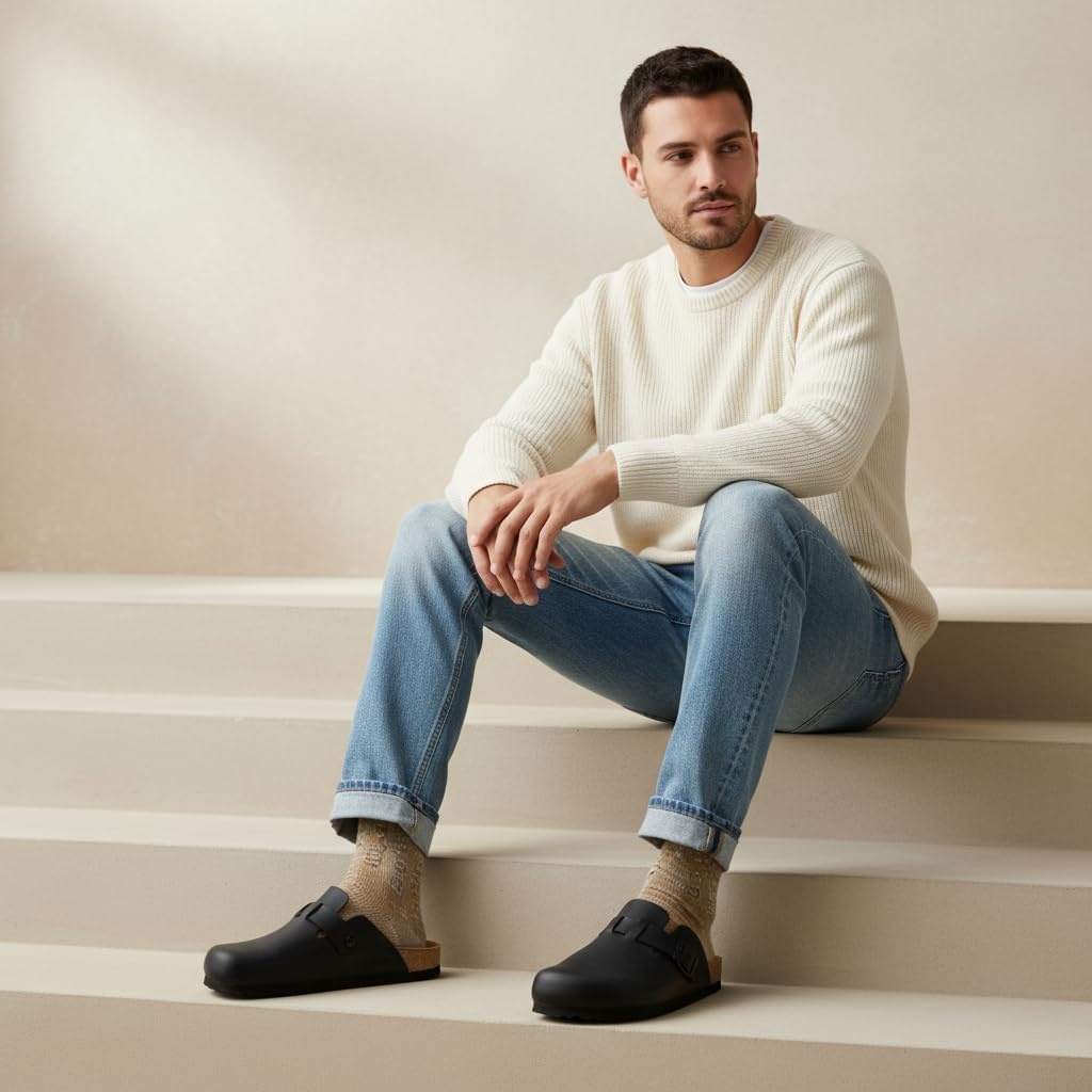 image:imageCUSHIONAIRE Haze Mens Clogs Comfortable SlipOn Clogs for Men with Arch Support and Cork Suede Footbed Perfect Potato Shoes for Indoor amp Outdoor UseBlack Nappa