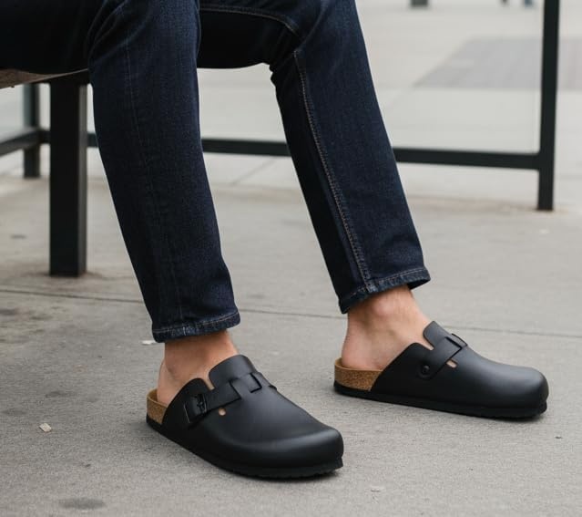 image:imageCUSHIONAIRE Haze Mens Clogs Comfortable SlipOn Clogs for Men with Arch Support and Cork Suede Footbed Perfect Potato Shoes for Indoor amp Outdoor UseBlack Nappa