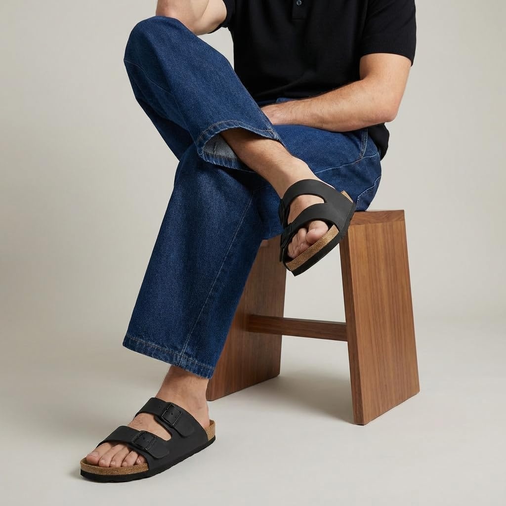 image:imageCUSHIONAIRE Lane Cork Footbed Mens Sandals Adjustable Buckle Comfort Slides for Men Genuine Leather Insole Summer Sandals Men FootwearBlack