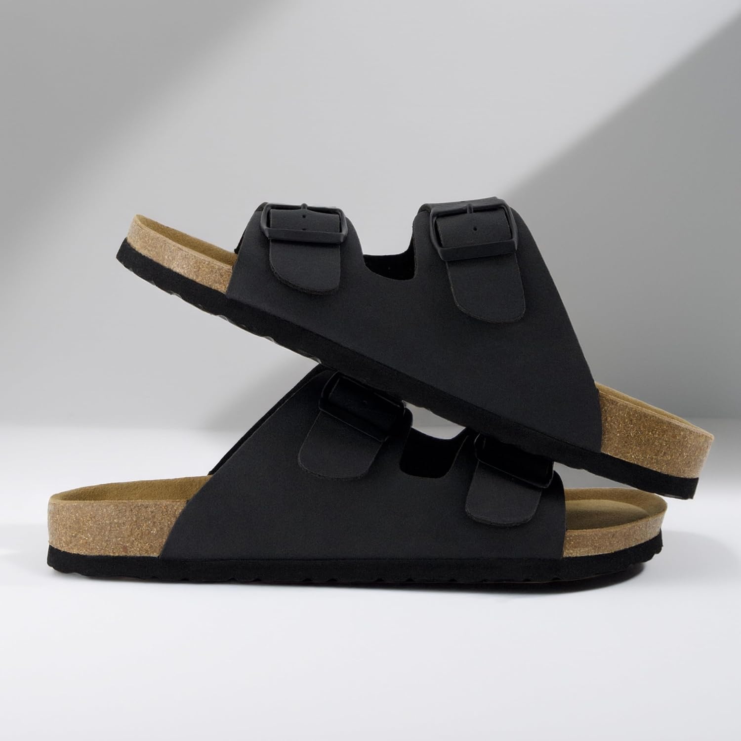 image:imageCUSHIONAIRE Lane Cork Footbed Mens Sandals Adjustable Buckle Comfort Slides for Men Genuine Leather Insole Summer Sandals Men FootwearBlack