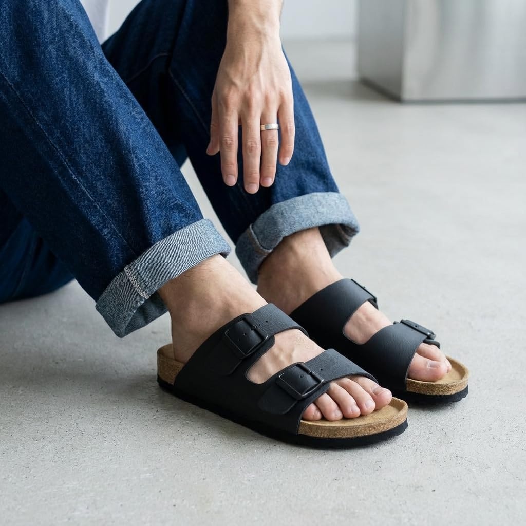 image:imageCUSHIONAIRE Lane Cork Footbed Mens Sandals Adjustable Buckle Comfort Slides for Men Genuine Leather Insole Summer Sandals Men FootwearBlack