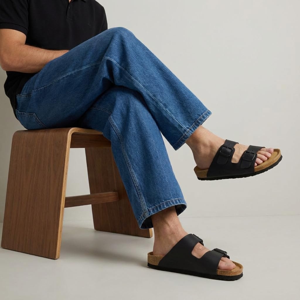 image:imageCUSHIONAIRE Lane Cork Footbed Mens Sandals Adjustable Buckle Comfort Slides for Men Genuine Leather Insole Summer Sandals Men FootwearBlack Nappa