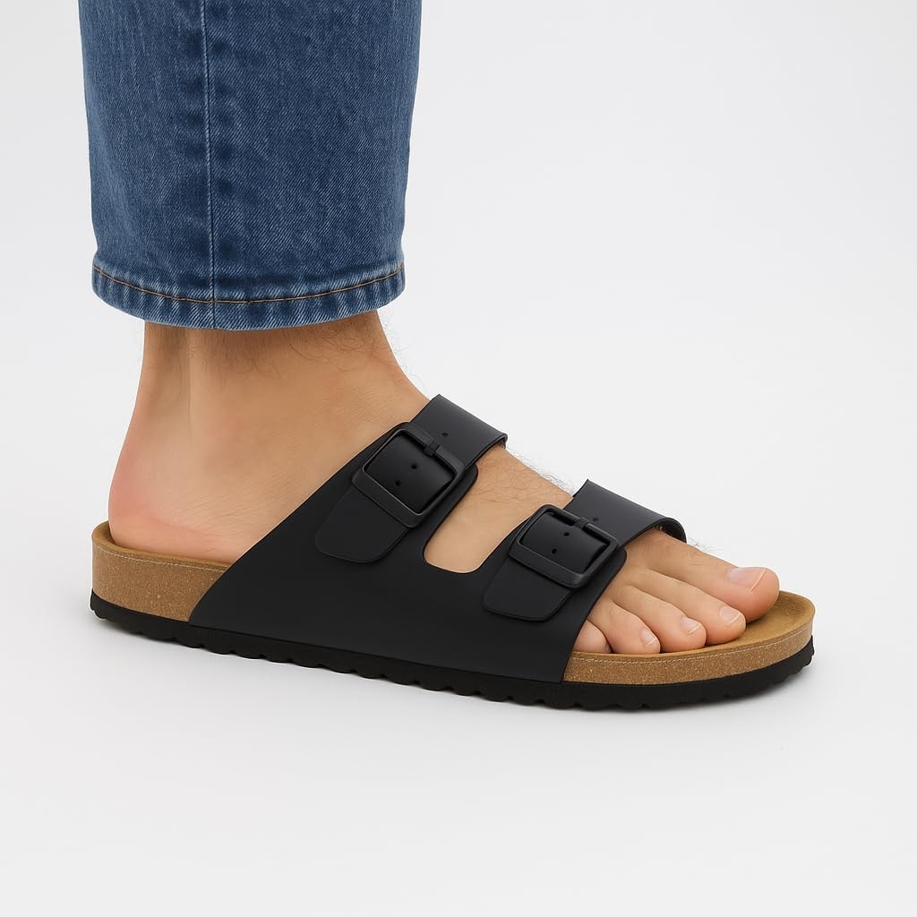 image:imageCUSHIONAIRE Lane Cork Footbed Mens Sandals Adjustable Buckle Comfort Slides for Men Genuine Leather Insole Summer Sandals Men FootwearBlack Nappa