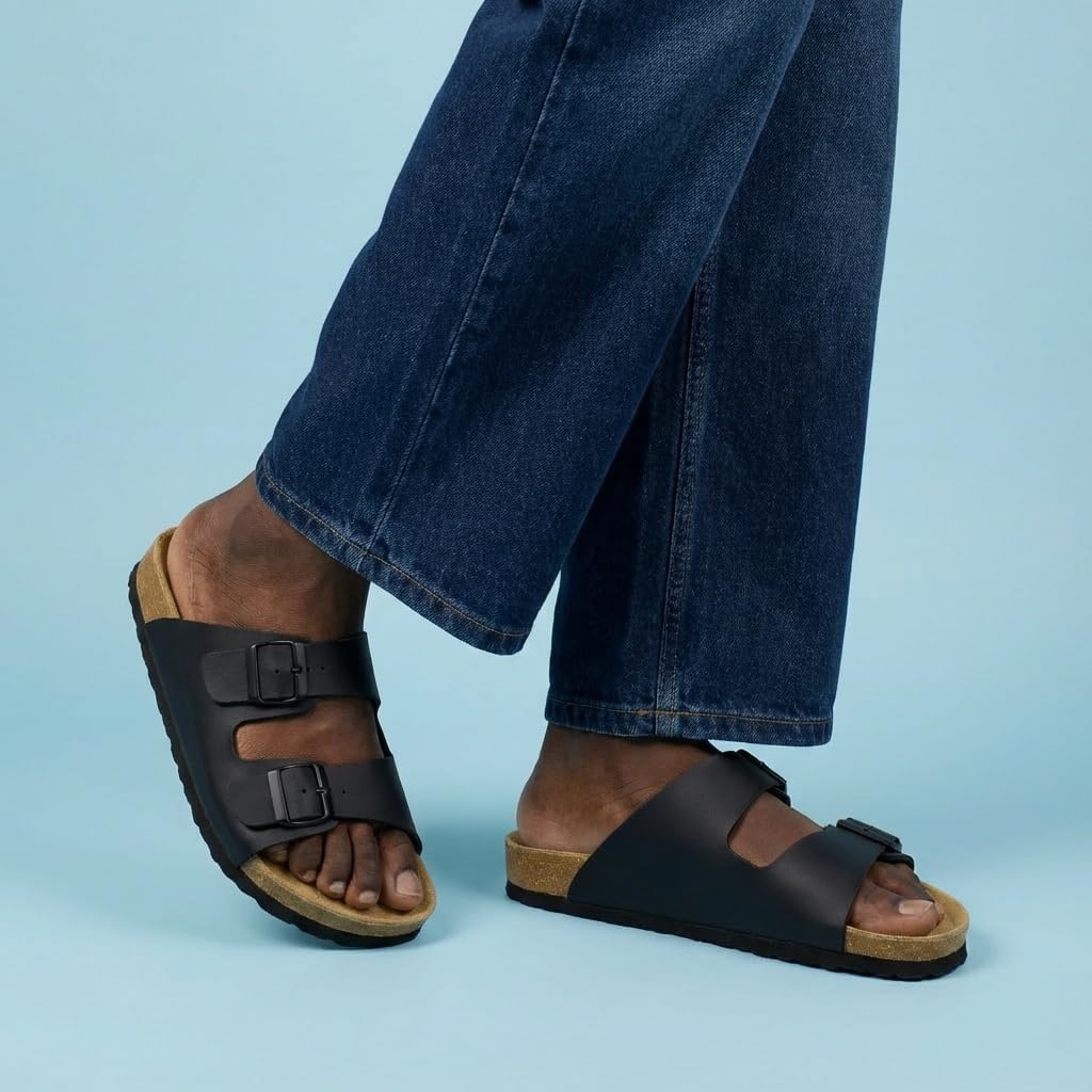 image:imageCUSHIONAIRE Lane Cork Footbed Mens Sandals Adjustable Buckle Comfort Slides for Men Genuine Leather Insole Summer Sandals Men FootwearBlack Nappa