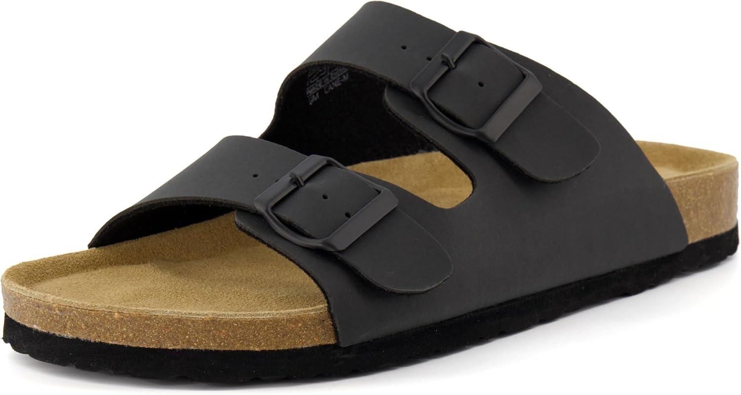 image:imageCUSHIONAIRE Lane Cork Footbed Mens Sandals Adjustable Buckle Comfort Slides for Men Genuine Leather Insole Summer Sandals Men FootwearBlack Nubuck