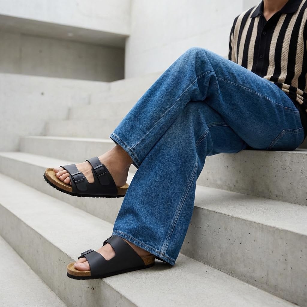 image:imageCUSHIONAIRE Lane Cork Footbed Mens Sandals Adjustable Buckle Comfort Slides for Men Genuine Leather Insole Summer Sandals Men FootwearBlack Nubuck