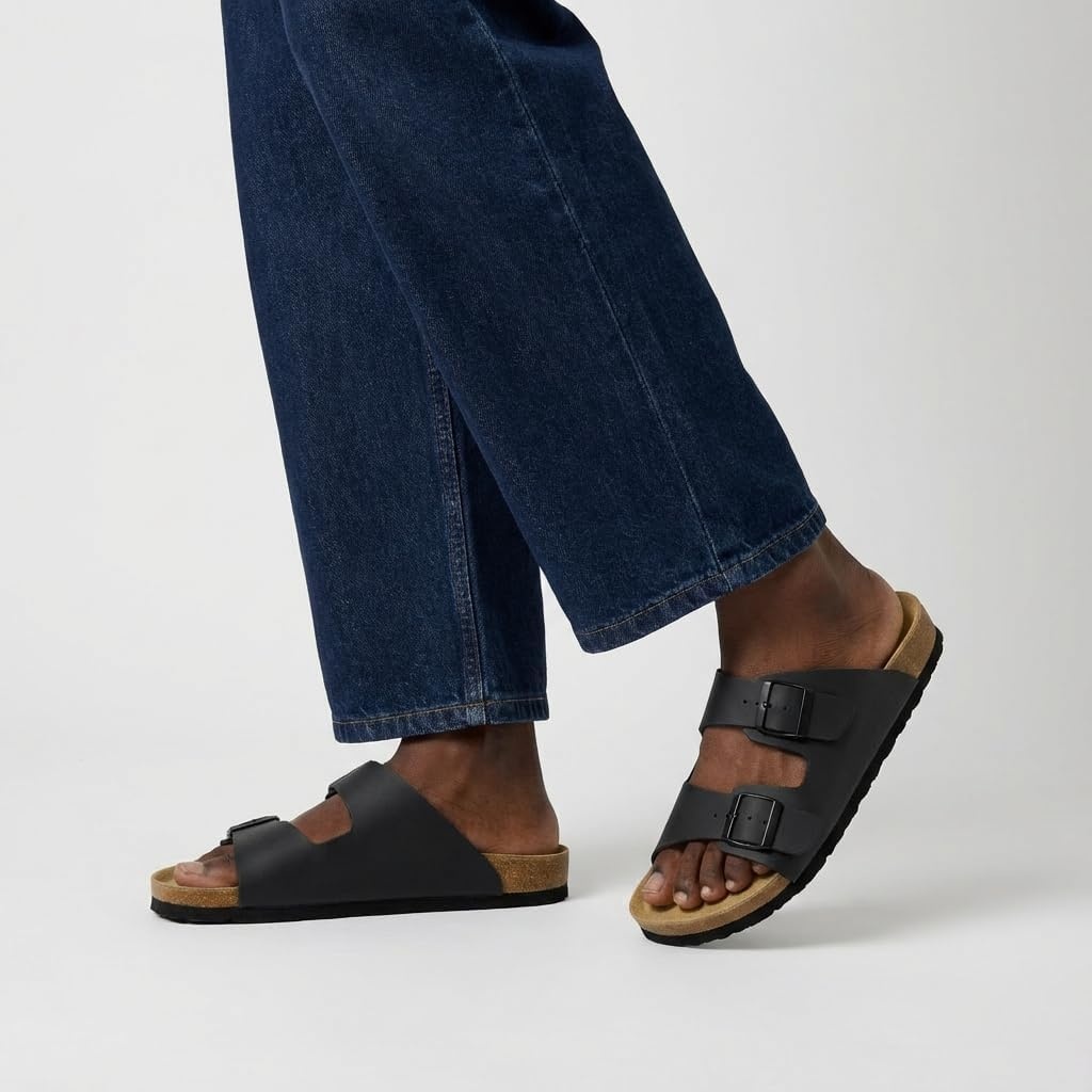 image:imageCUSHIONAIRE Lane Cork Footbed Mens Sandals Adjustable Buckle Comfort Slides for Men Genuine Leather Insole Summer Sandals Men FootwearBlack Nubuck