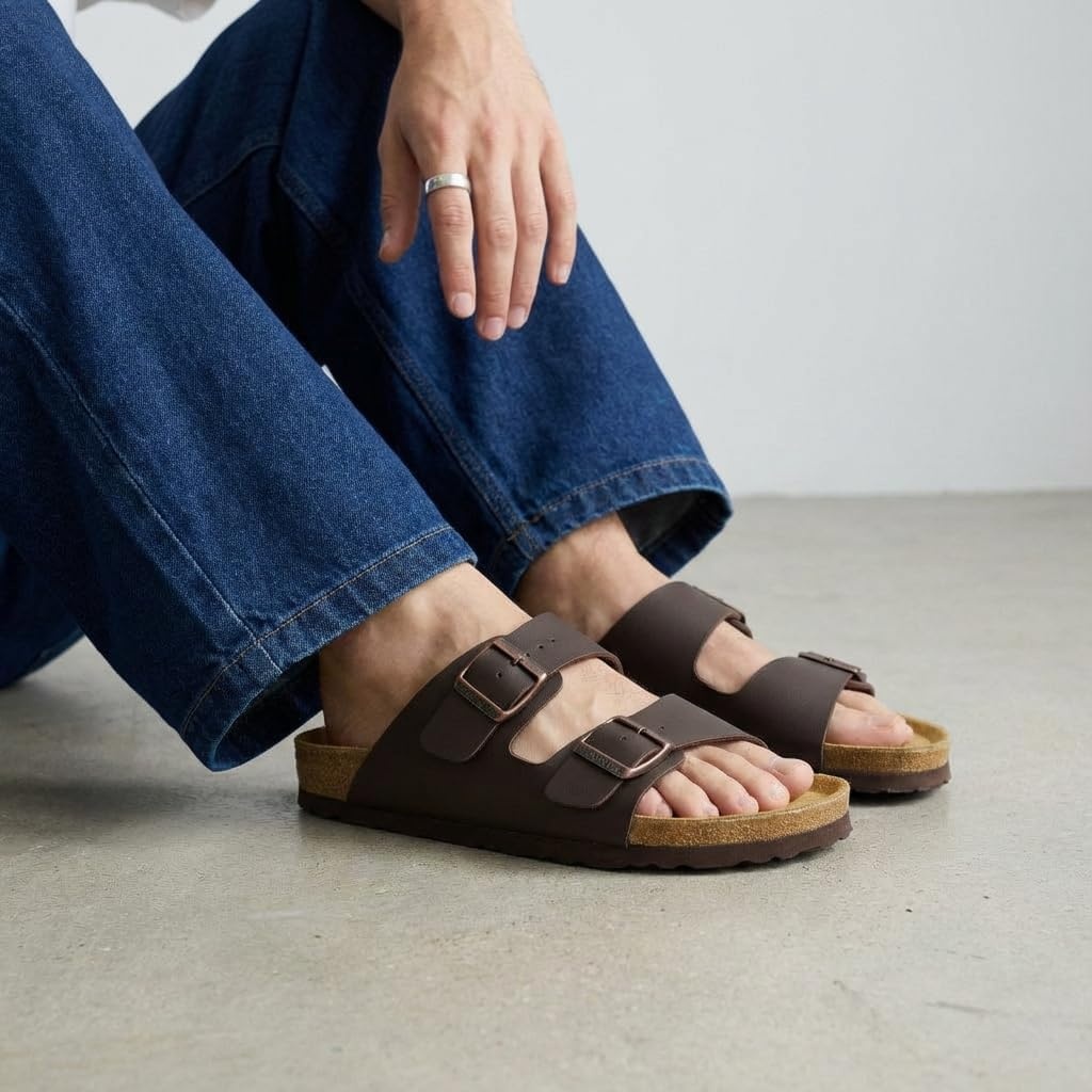 image:imageCUSHIONAIRE Lane Cork Footbed Mens Sandals Adjustable Buckle Comfort Slides for Men Genuine Leather Insole Summer Sandals Men FootwearBrown Nappa