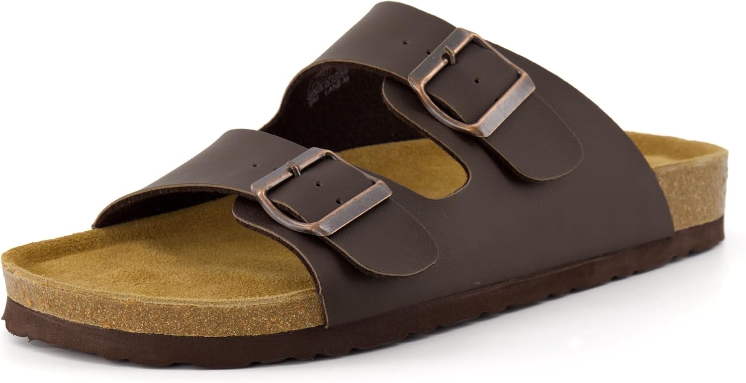 image:imageCUSHIONAIRE Lane Cork Footbed Mens Sandals Adjustable Buckle Comfort Slides for Men Genuine Leather Insole Summer Sandals Men FootwearBrown Nappa