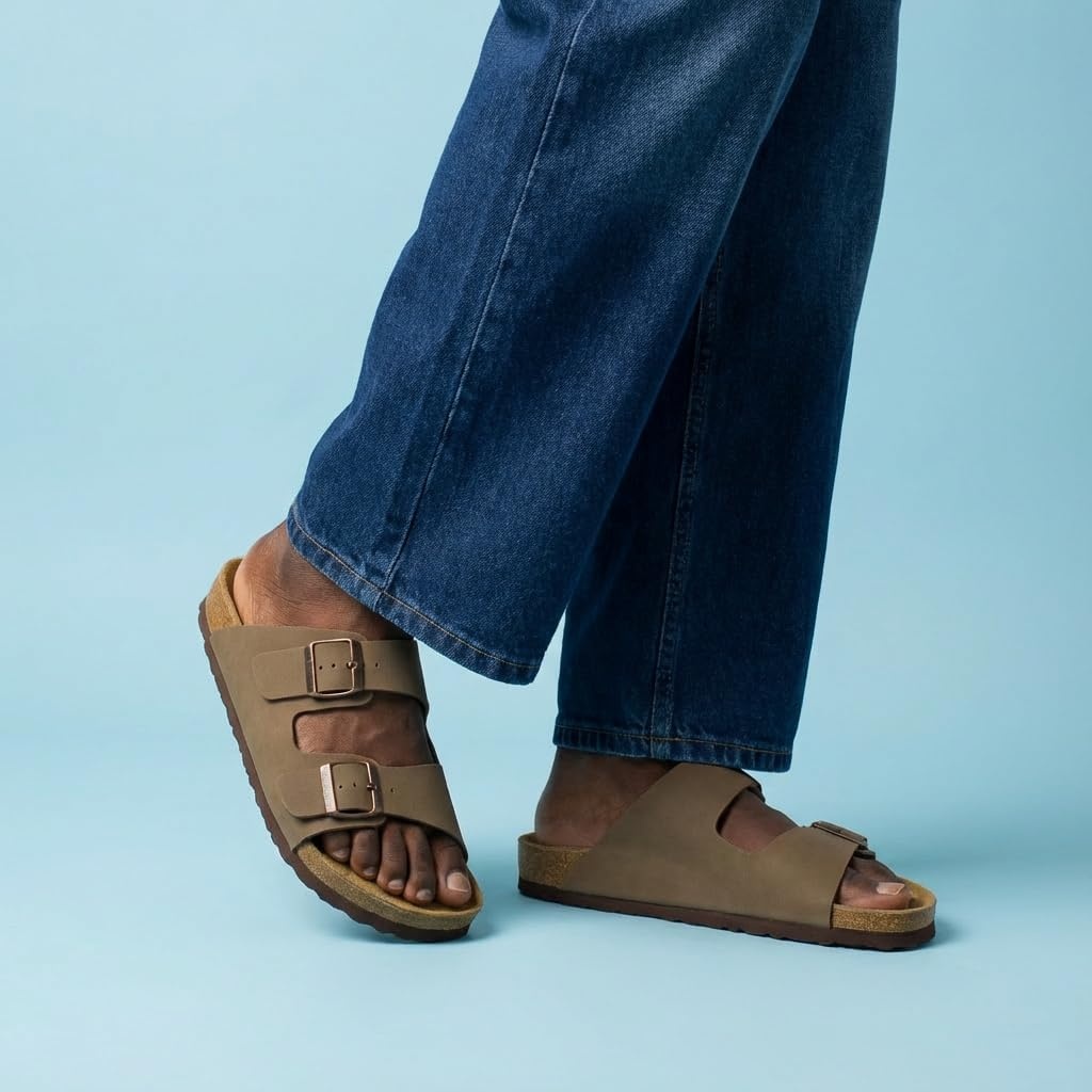 image:imageCUSHIONAIRE Lane Cork Footbed Mens Sandals Adjustable Buckle Comfort Slides for Men Genuine Leather Insole Summer Sandals Men FootwearBrown Nubuck