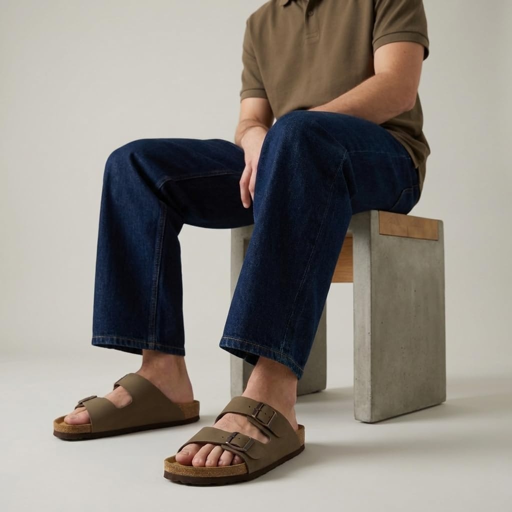 image:imageCUSHIONAIRE Lane Cork Footbed Mens Sandals Adjustable Buckle Comfort Slides for Men Genuine Leather Insole Summer Sandals Men FootwearBrown Nubuck