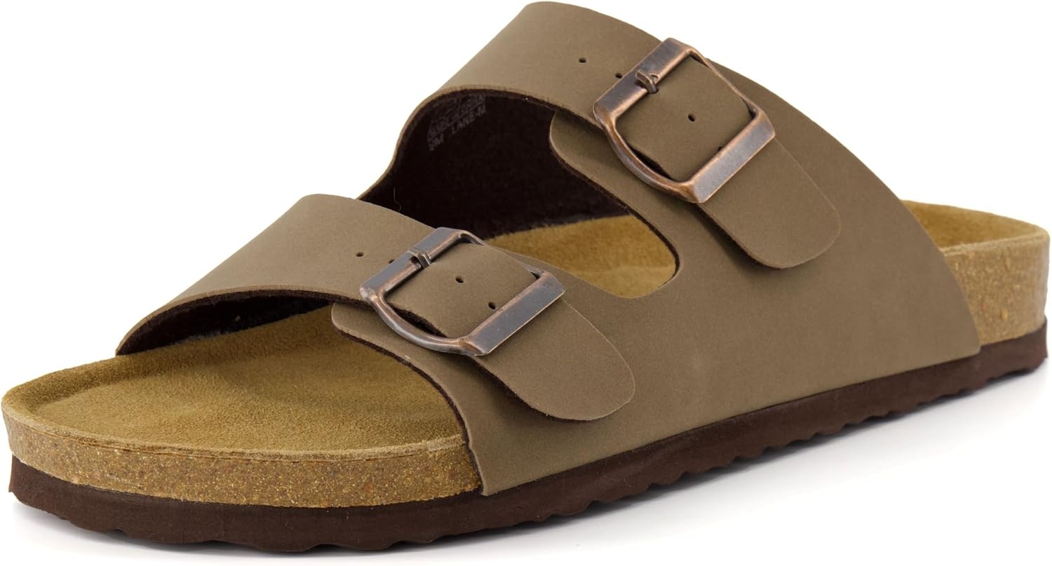 image:imageCUSHIONAIRE Lane Cork Footbed Mens Sandals Adjustable Buckle Comfort Slides for Men Genuine Leather Insole Summer Sandals Men FootwearBrown Nubuck