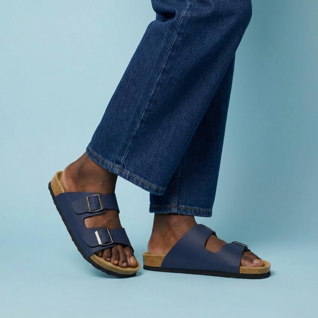 image:imageCUSHIONAIRE Lane Cork Footbed Mens Sandals Adjustable Buckle Comfort Slides for Men Genuine Leather Insole Summer Sandals Men FootwearNavy Nubuck