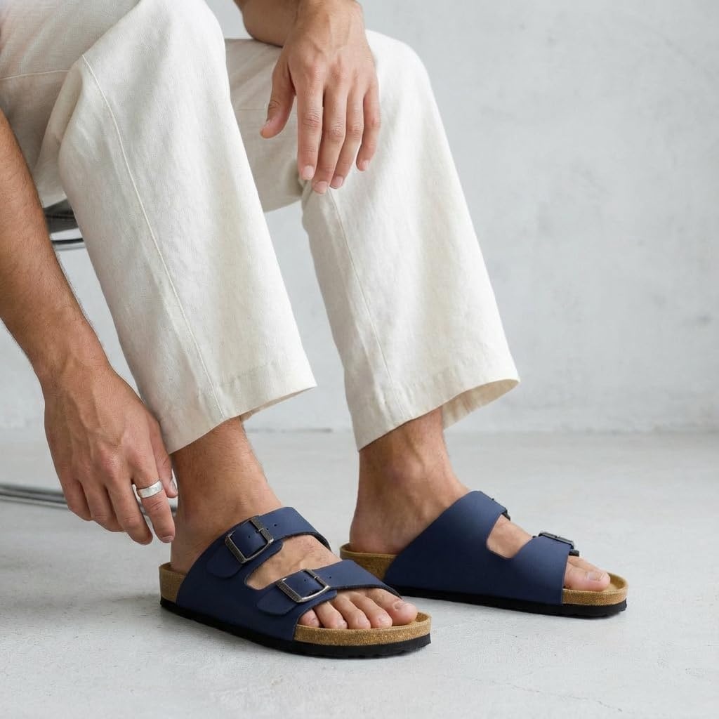 image:imageCUSHIONAIRE Lane Cork Footbed Mens Sandals Adjustable Buckle Comfort Slides for Men Genuine Leather Insole Summer Sandals Men FootwearNavy Nubuck
