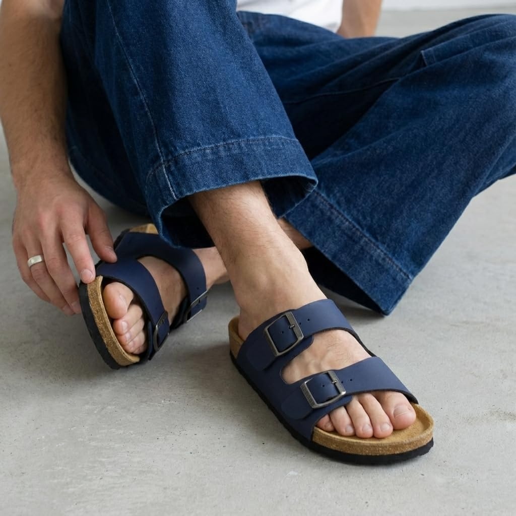 image:imageCUSHIONAIRE Lane Cork Footbed Mens Sandals Adjustable Buckle Comfort Slides for Men Genuine Leather Insole Summer Sandals Men FootwearNavy Nubuck