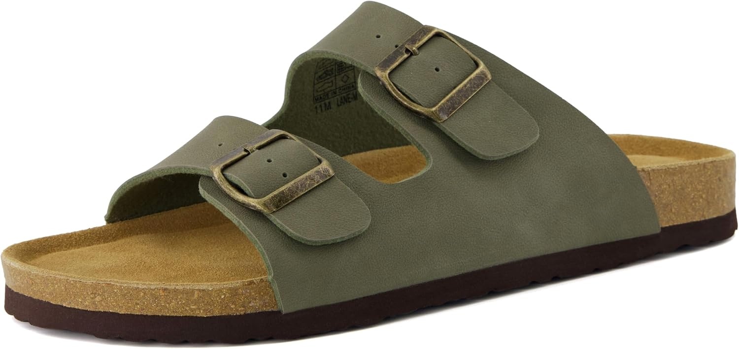 image:imageCUSHIONAIRE Lane Cork Footbed Mens Sandals Adjustable Buckle Comfort Slides for Men Genuine Leather Insole Summer Sandals Men FootwearOlive