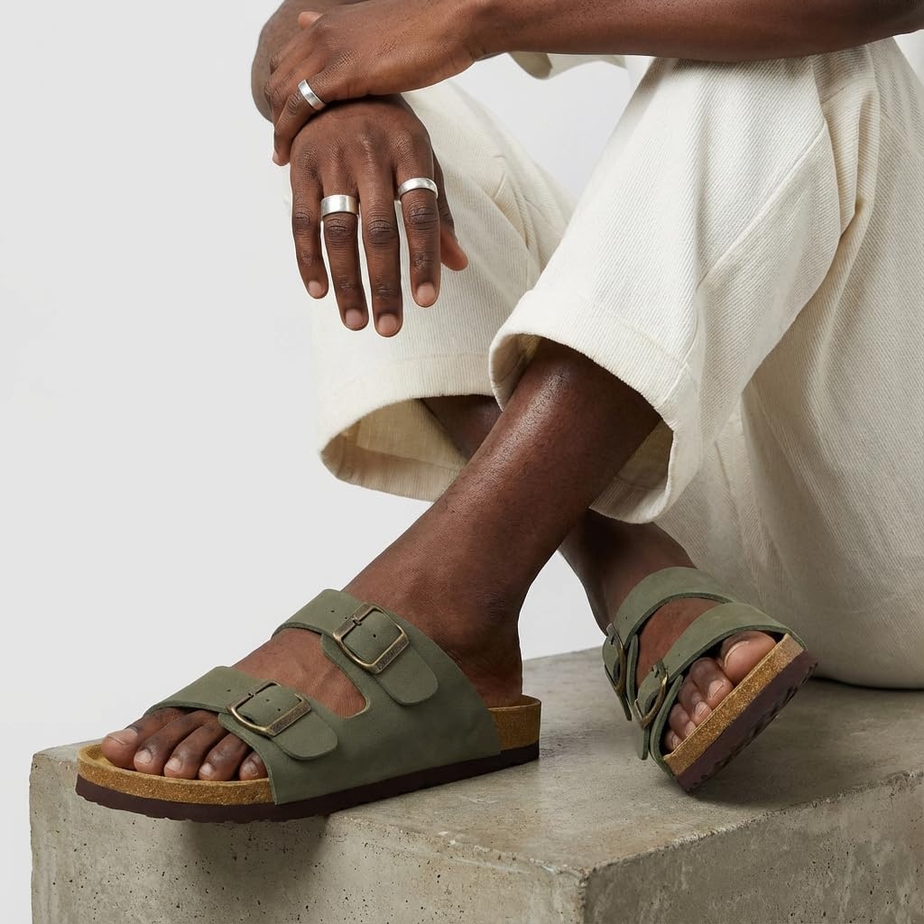image:imageCUSHIONAIRE Lane Cork Footbed Mens Sandals Adjustable Buckle Comfort Slides for Men Genuine Leather Insole Summer Sandals Men FootwearOlive