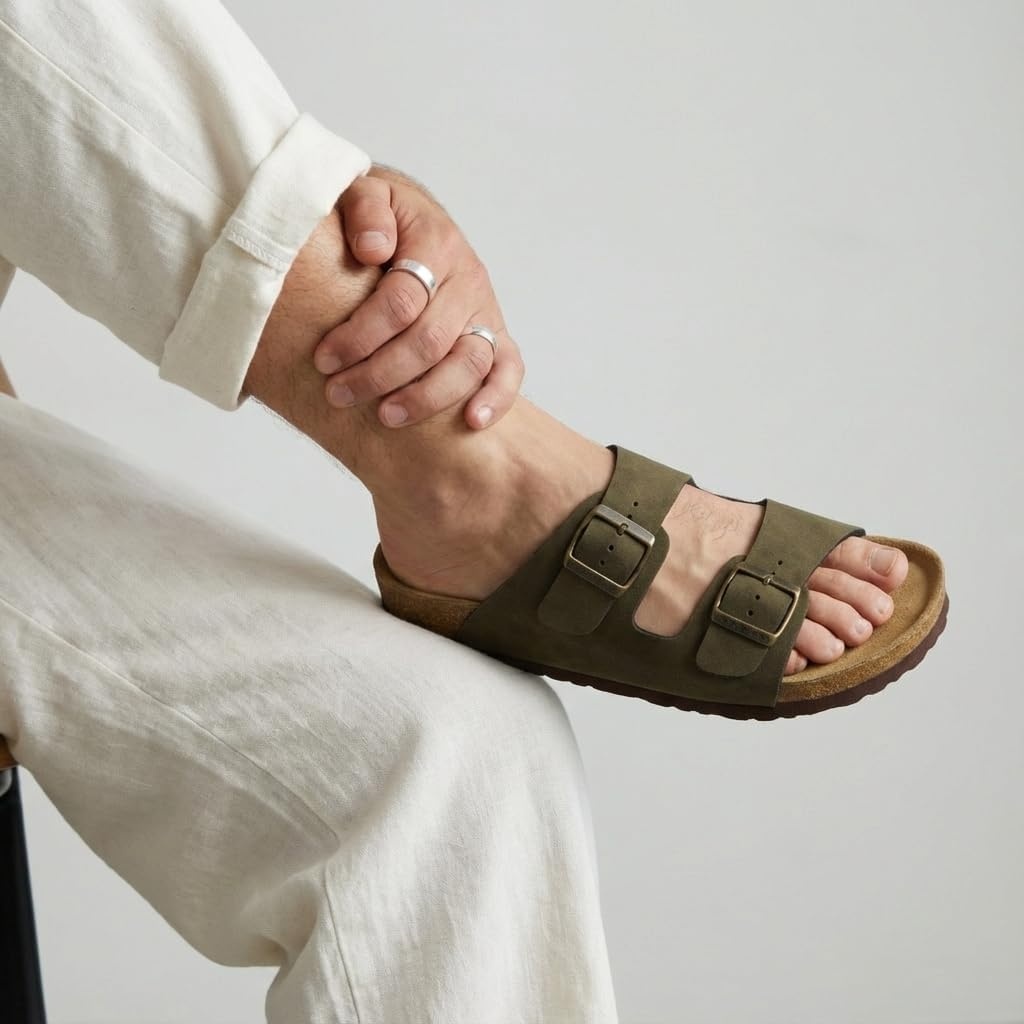 image:imageCUSHIONAIRE Lane Cork Footbed Mens Sandals Adjustable Buckle Comfort Slides for Men Genuine Leather Insole Summer Sandals Men FootwearOlive Nubuck