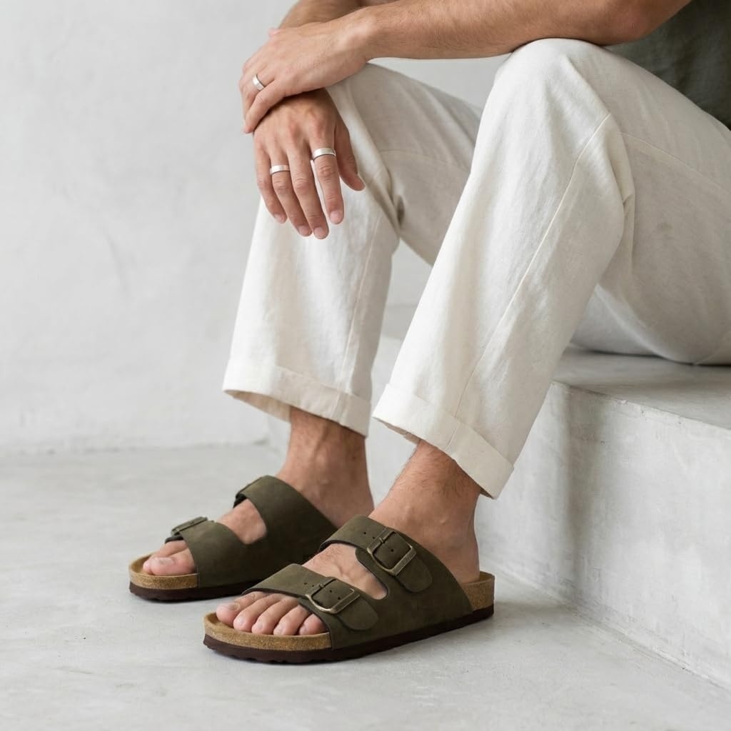 image:imageCUSHIONAIRE Lane Cork Footbed Mens Sandals Adjustable Buckle Comfort Slides for Men Genuine Leather Insole Summer Sandals Men FootwearOlive Nubuck
