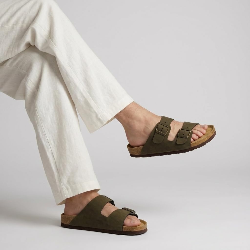 image:imageCUSHIONAIRE Lane Cork Footbed Mens Sandals Adjustable Buckle Comfort Slides for Men Genuine Leather Insole Summer Sandals Men FootwearOlive Nubuck