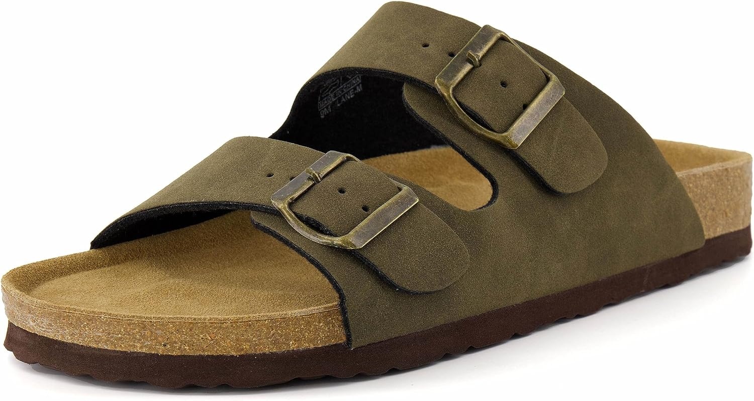 image:imageCUSHIONAIRE Lane Cork Footbed Mens Sandals Adjustable Buckle Comfort Slides for Men Genuine Leather Insole Summer Sandals Men FootwearOlive Nubuck