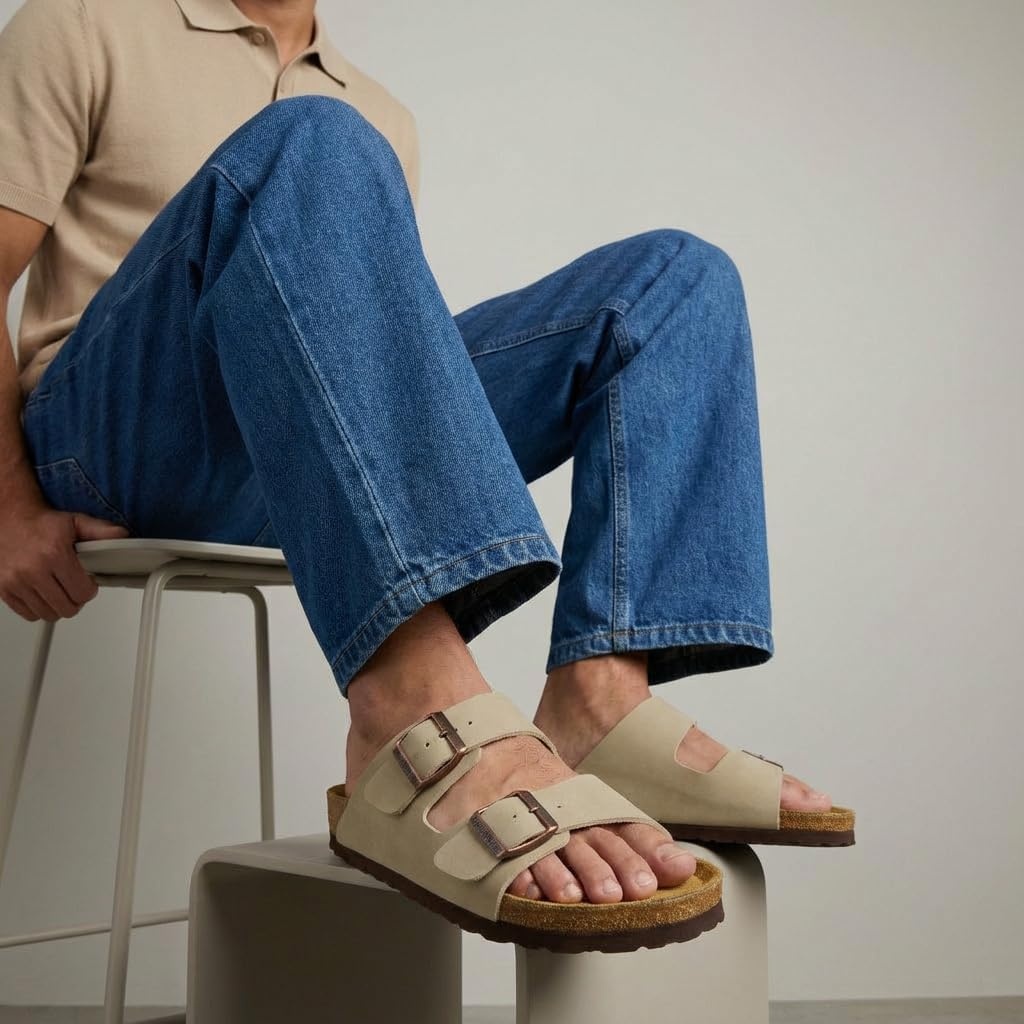 image:imageCUSHIONAIRE Lane Cork Footbed Mens Sandals Adjustable Buckle Comfort Slides for Men Genuine Leather Insole Summer Sandals Men FootwearStone Nubuck
