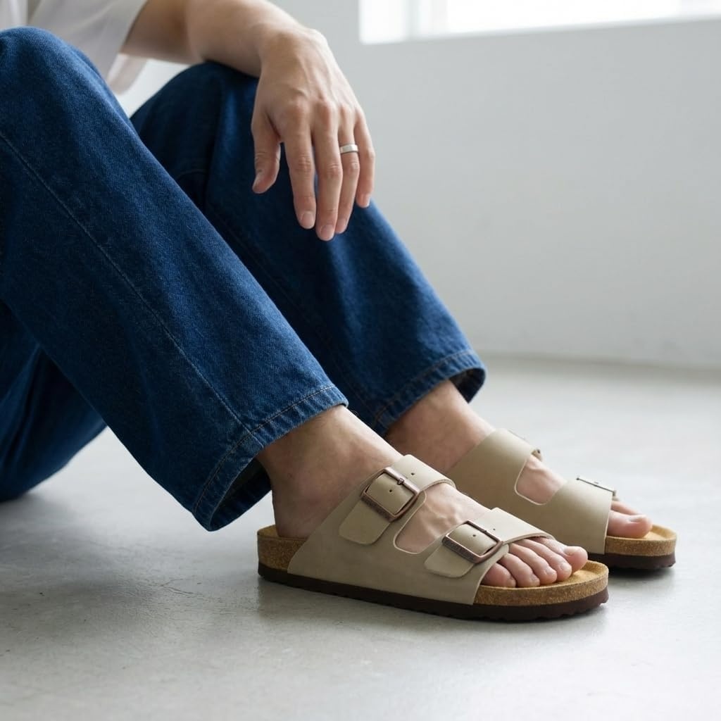 image:imageCUSHIONAIRE Lane Cork Footbed Mens Sandals Adjustable Buckle Comfort Slides for Men Genuine Leather Insole Summer Sandals Men FootwearStone Nubuck