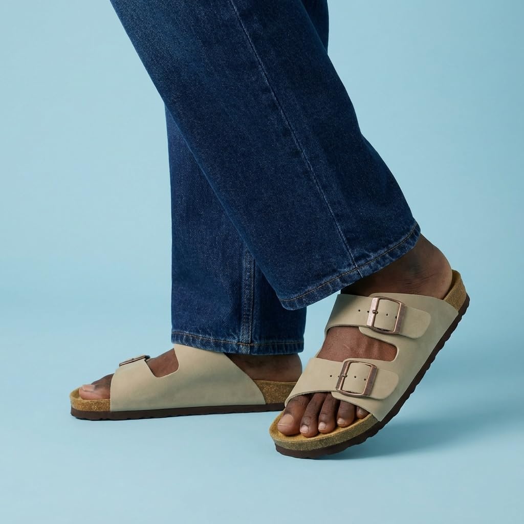 image:imageCUSHIONAIRE Lane Cork Footbed Mens Sandals Adjustable Buckle Comfort Slides for Men Genuine Leather Insole Summer Sandals Men FootwearStone Nubuck