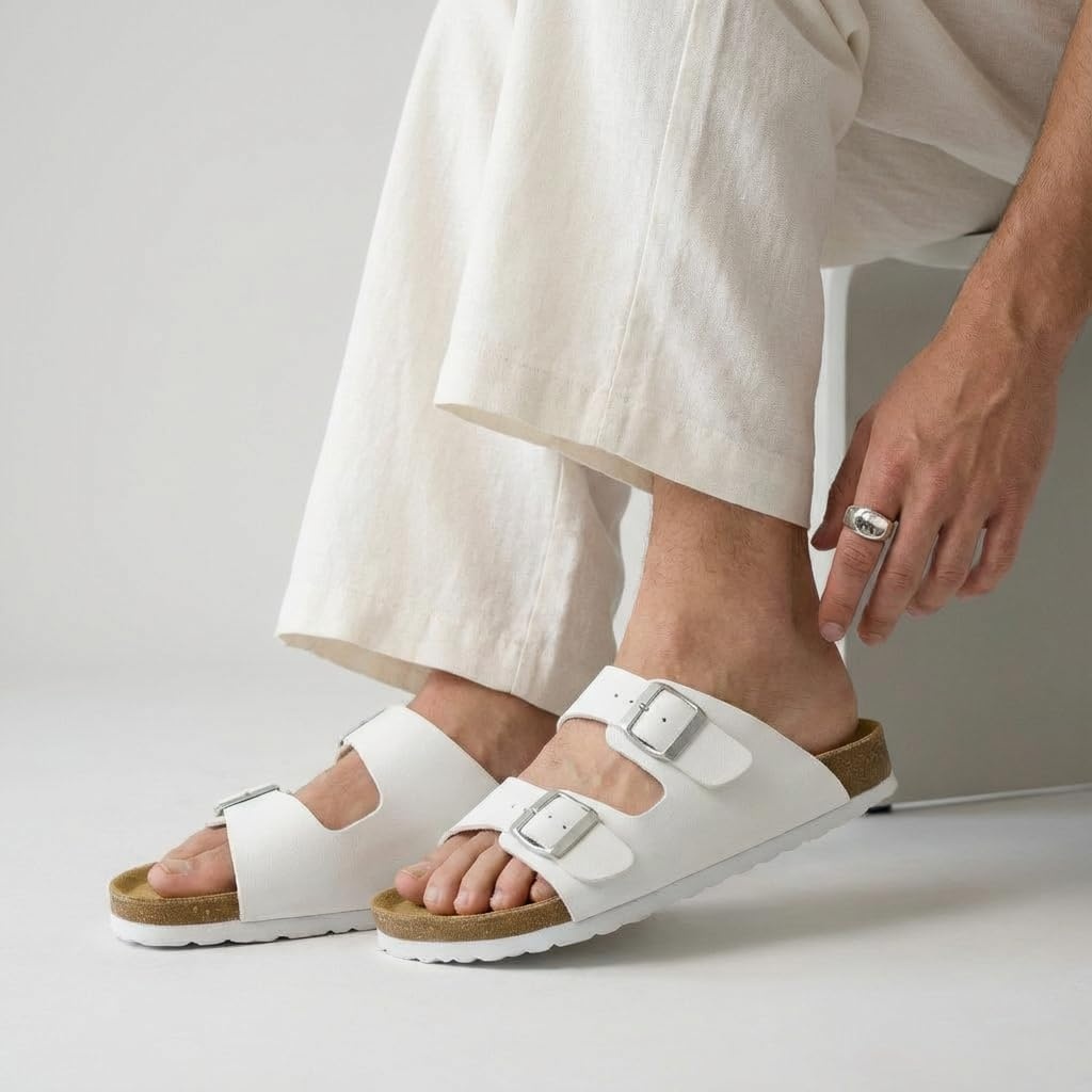 image:imageCUSHIONAIRE Lane Cork Footbed Mens Sandals Adjustable Buckle Comfort Slides for Men Genuine Leather Insole Summer Sandals Men FootwearWhite Nappa