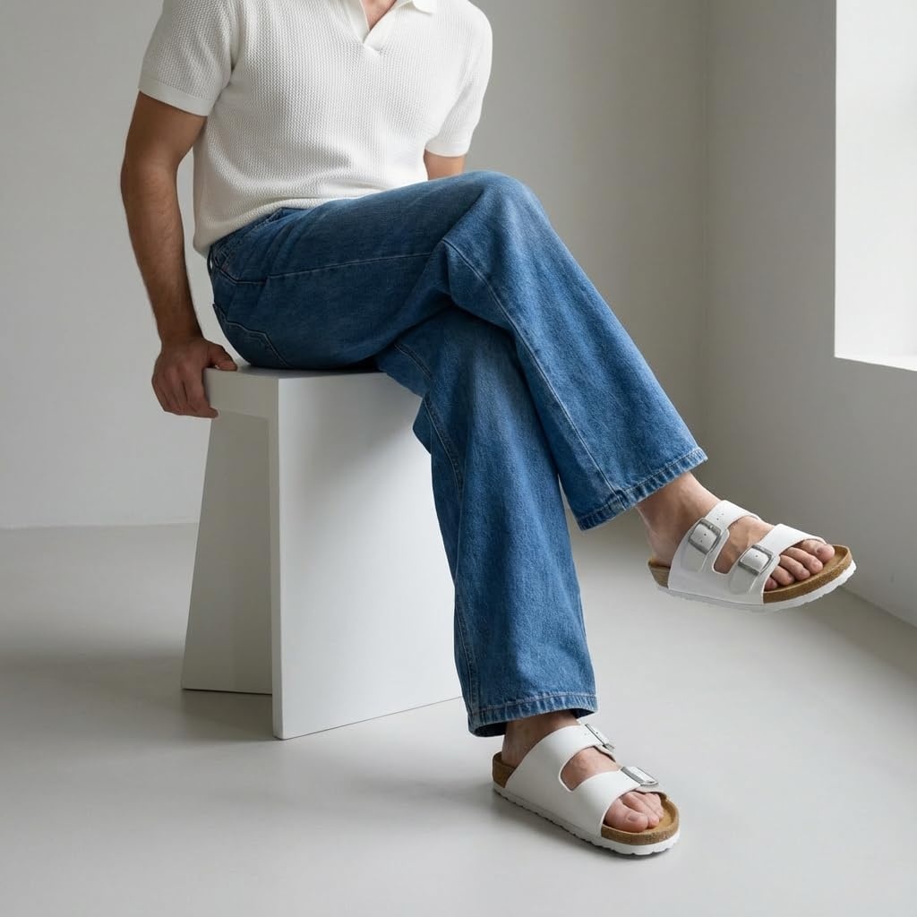 image:imageCUSHIONAIRE Lane Cork Footbed Mens Sandals Adjustable Buckle Comfort Slides for Men Genuine Leather Insole Summer Sandals Men FootwearWhite Nappa