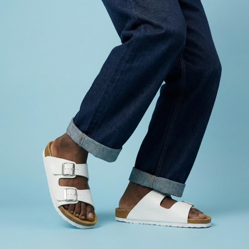 image:imageCUSHIONAIRE Lane Cork Footbed Mens Sandals Adjustable Buckle Comfort Slides for Men Genuine Leather Insole Summer Sandals Men FootwearWhite Nappa