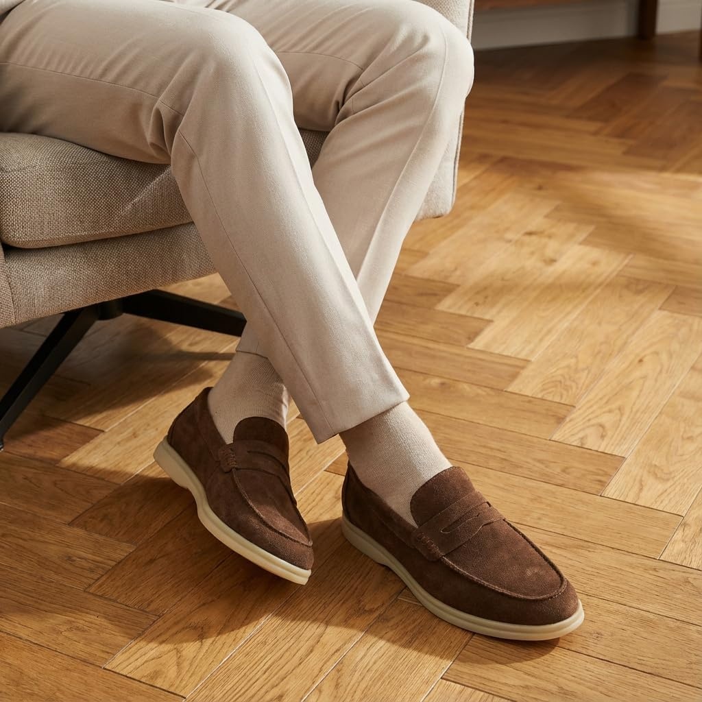 image:imageCUSHIONAIRE Selby Mens Genuine Leather SlipOn Casual Penny Loafers Memory Foam Rubber SoleBrown Suede