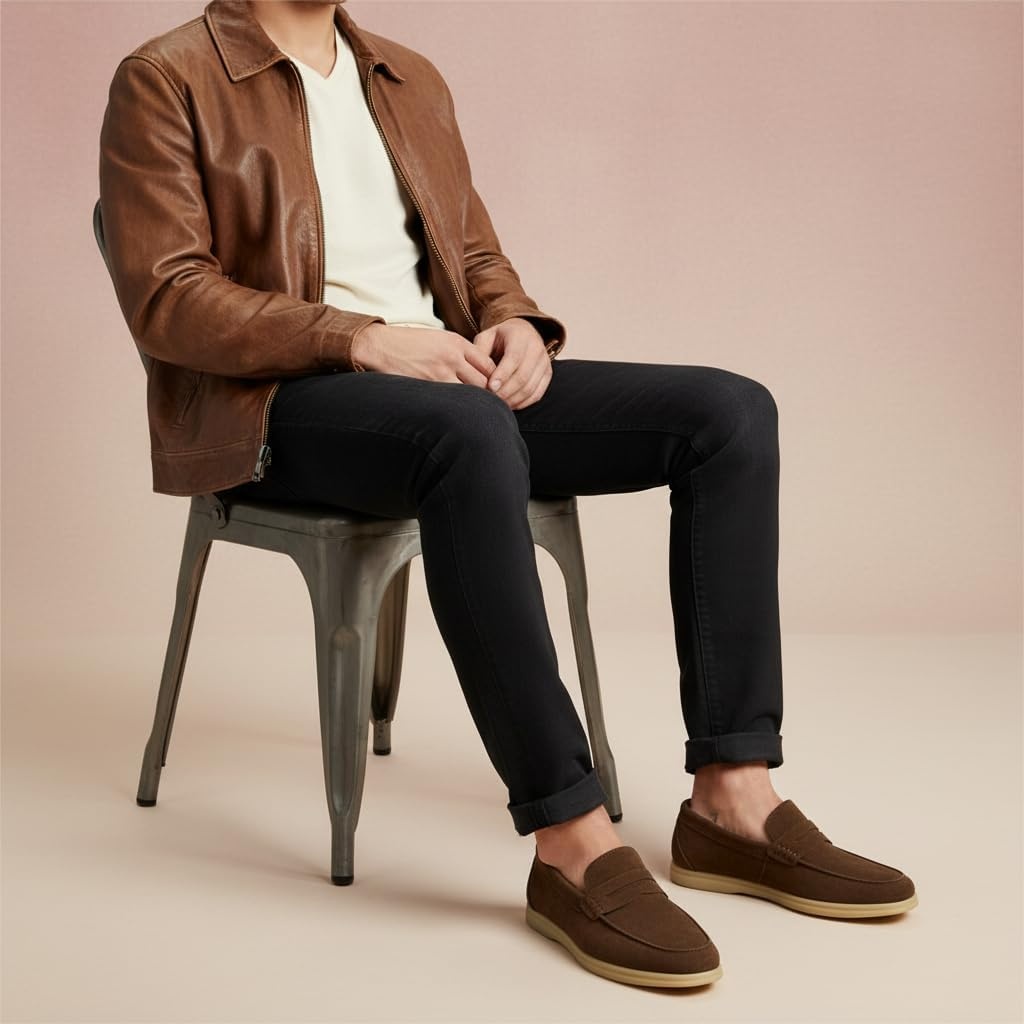 image:imageCUSHIONAIRE Selby Mens Genuine Leather SlipOn Casual Penny Loafers Memory Foam Rubber SoleBrown Suede