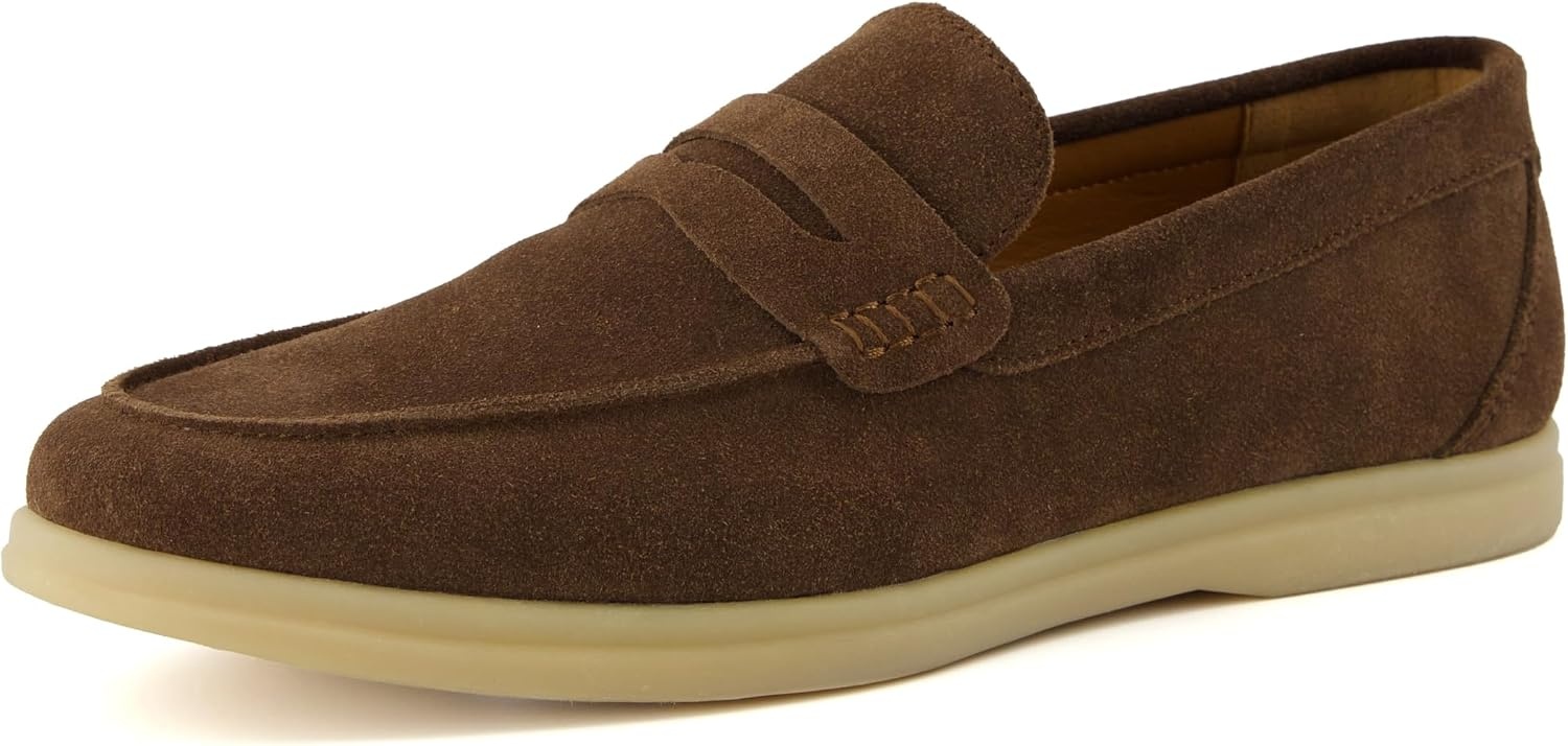 image:imageCUSHIONAIRE Selby Mens Genuine Leather SlipOn Casual Penny Loafers Memory Foam Rubber SoleBrown Suede
