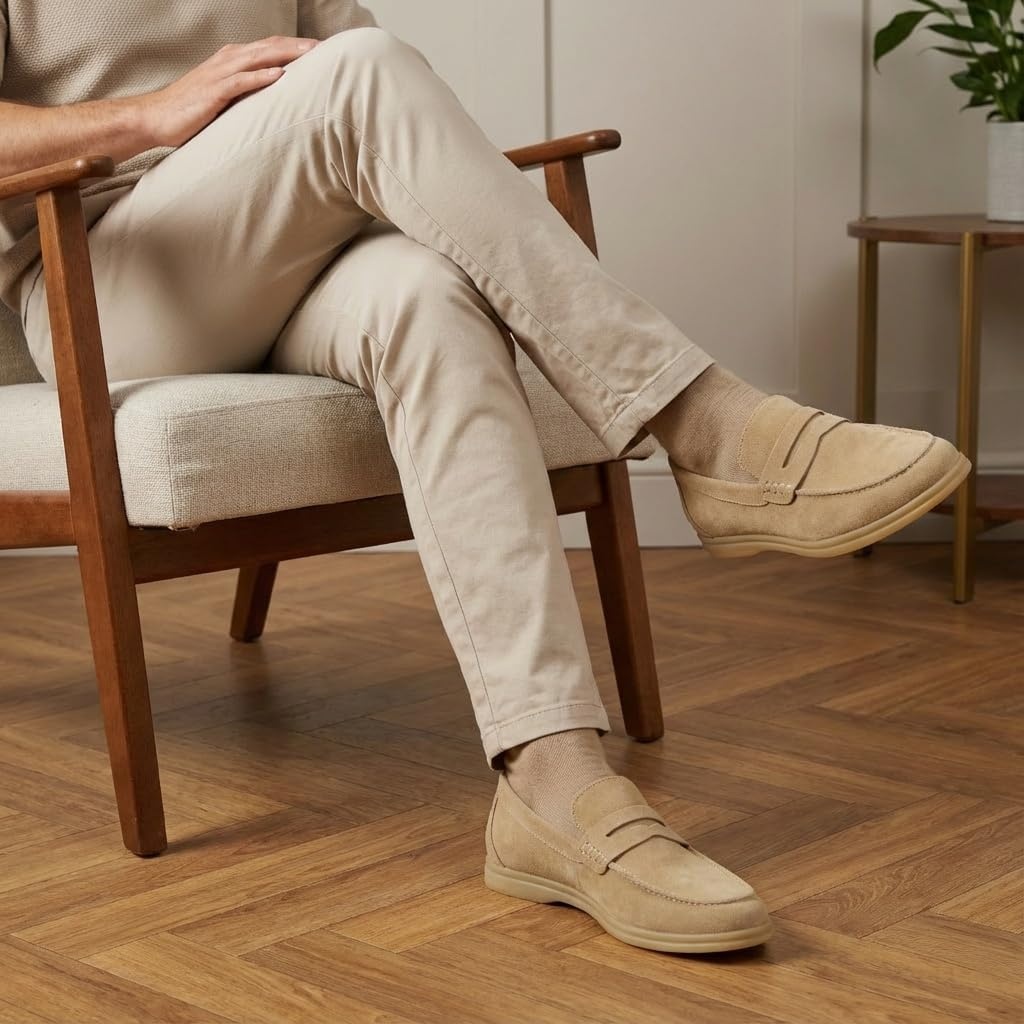 image:imageCUSHIONAIRE Selby Mens Genuine Leather SlipOn Casual Penny Loafers Memory Foam Rubber SoleTaupe Suede
