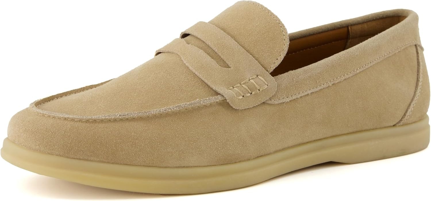 image:imageCUSHIONAIRE Selby Mens Genuine Leather SlipOn Casual Penny Loafers Memory Foam Rubber SoleTaupe Suede