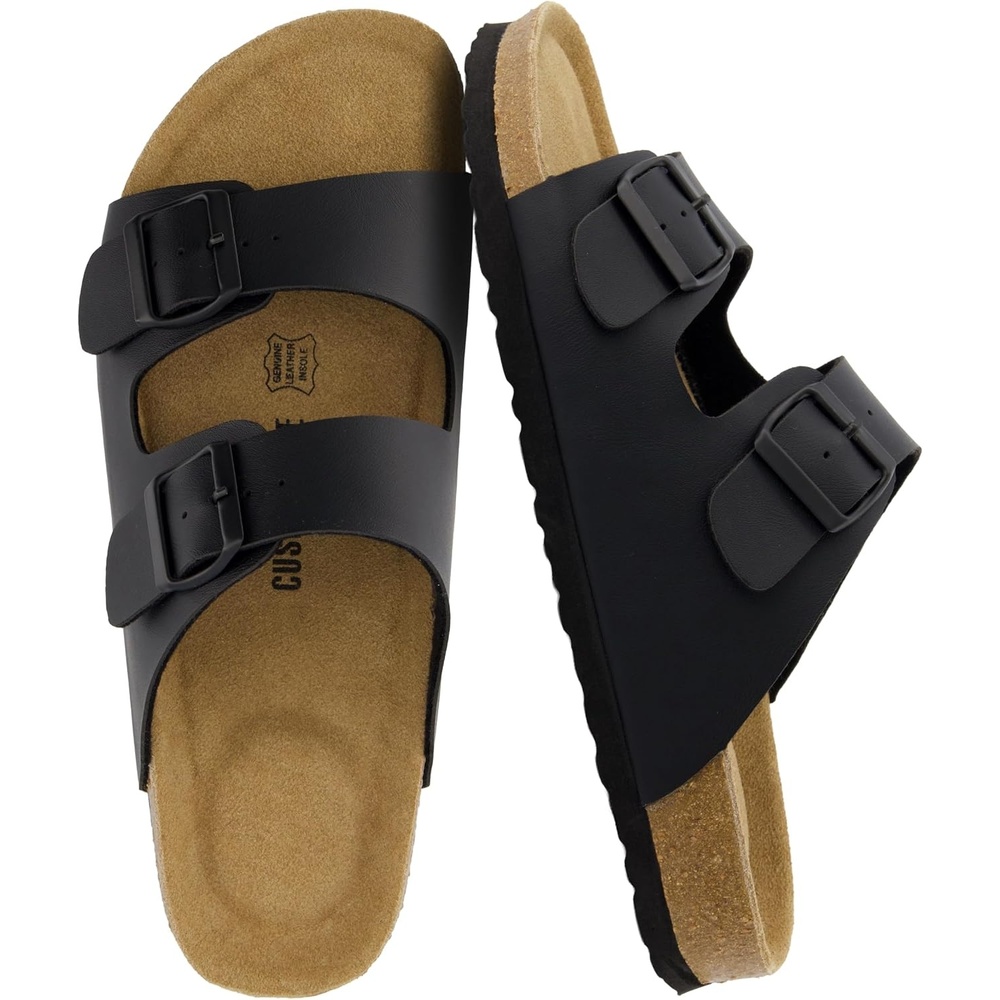 image:imageCUSHIONAIRE Lane Cork Footbed Mens Sandals Adjustable Buckle Comfort Slides for Men Genuine Leather Insole Summer Sandals Men FootwearBlack Nappa