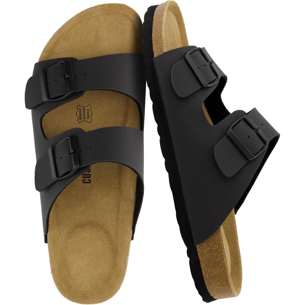 image:imageCUSHIONAIRE Lane Cork Footbed Mens Sandals Adjustable Buckle Comfort Slides for Men Genuine Leather Insole Summer Sandals Men FootwearBlack Nubuck