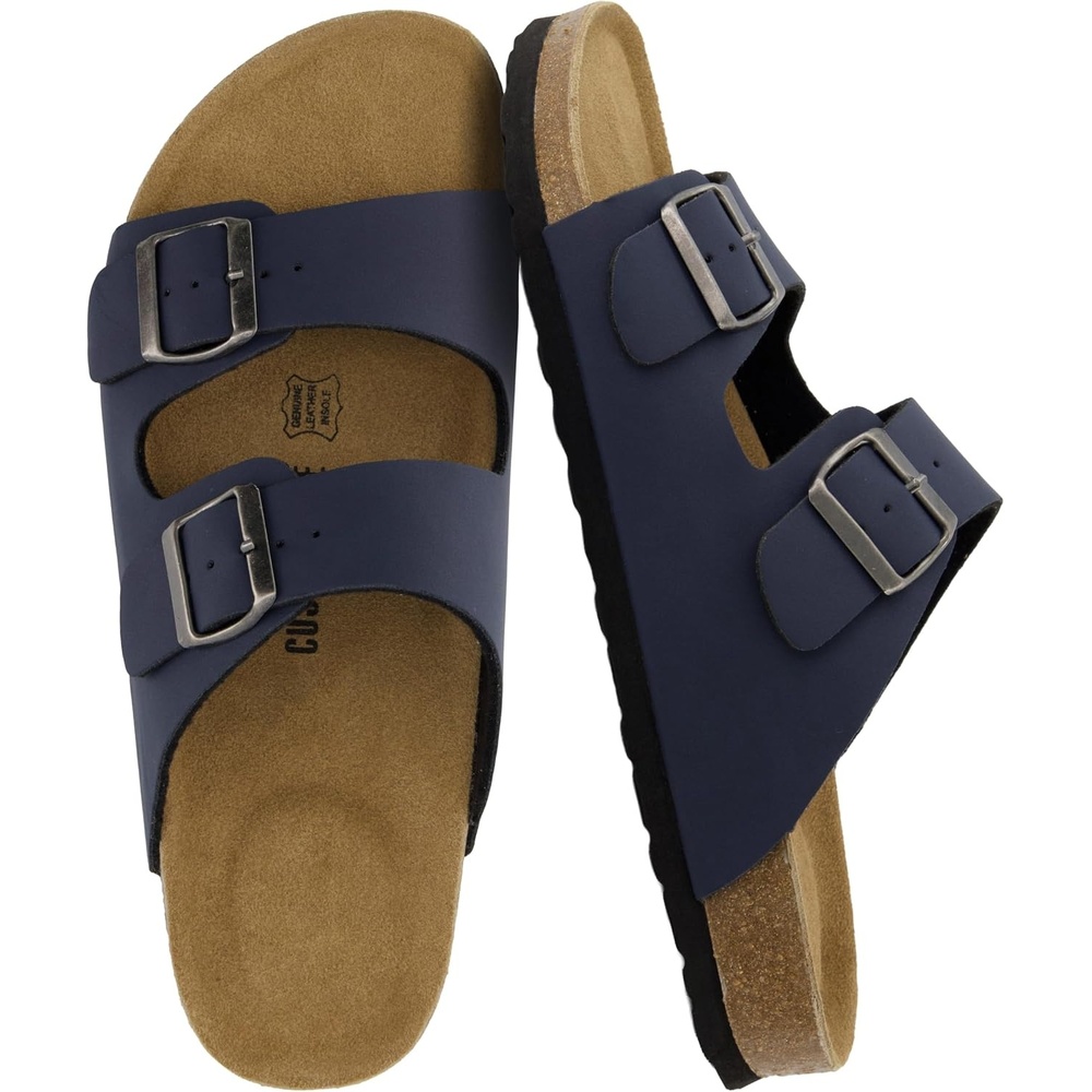 image:imageCUSHIONAIRE Lane Cork Footbed Mens Sandals Adjustable Buckle Comfort Slides for Men Genuine Leather Insole Summer Sandals Men FootwearNavy Nubuck