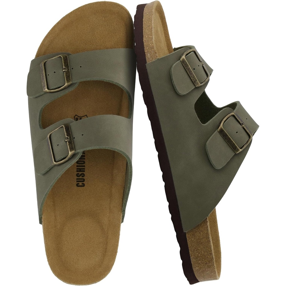 image:imageCUSHIONAIRE Lane Cork Footbed Mens Sandals Adjustable Buckle Comfort Slides for Men Genuine Leather Insole Summer Sandals Men FootwearOlive