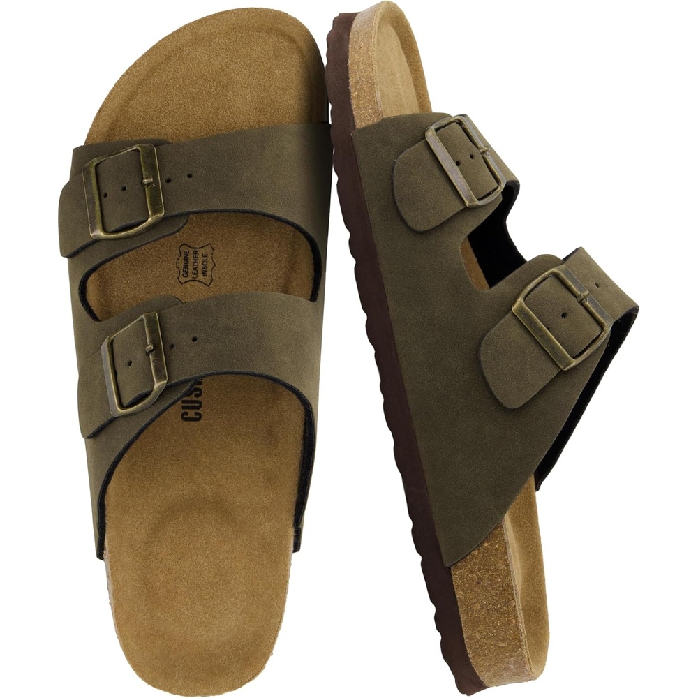 image:imageCUSHIONAIRE Lane Cork Footbed Mens Sandals Adjustable Buckle Comfort Slides for Men Genuine Leather Insole Summer Sandals Men FootwearOlive Nubuck